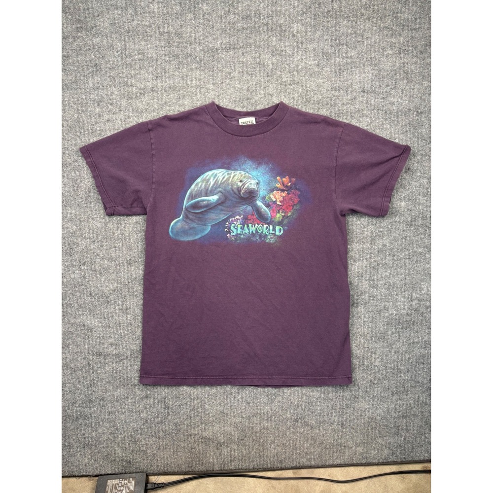 Vintage Tultex SeaWorld Manatee Graphic T-Shirt Purple Large 90s Cotton Tee